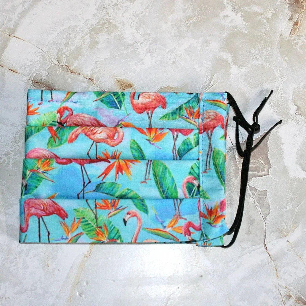 HAND CRAFTED Face Mask Blue Flamingos Adult Cloth Fabric Print - Pocket Style